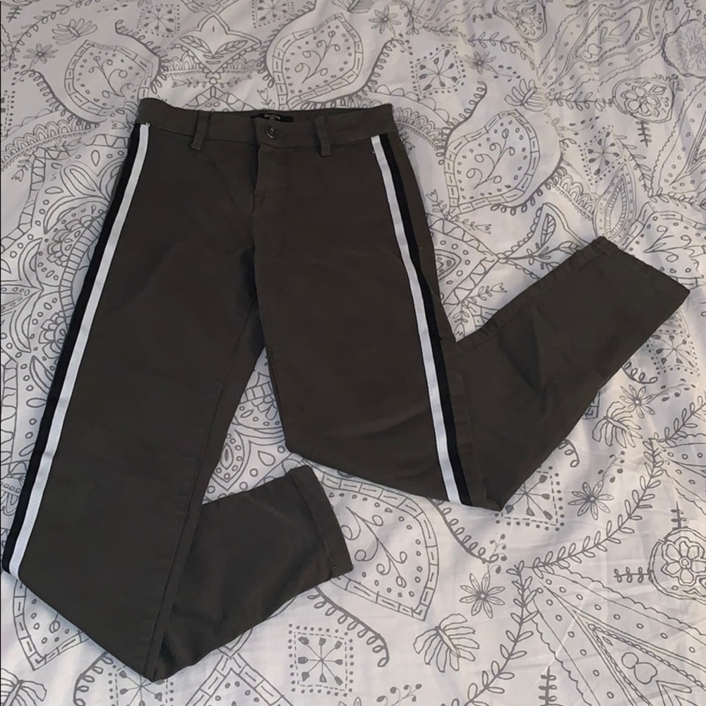 Olive Green Jeans with Black & White Side Stripes